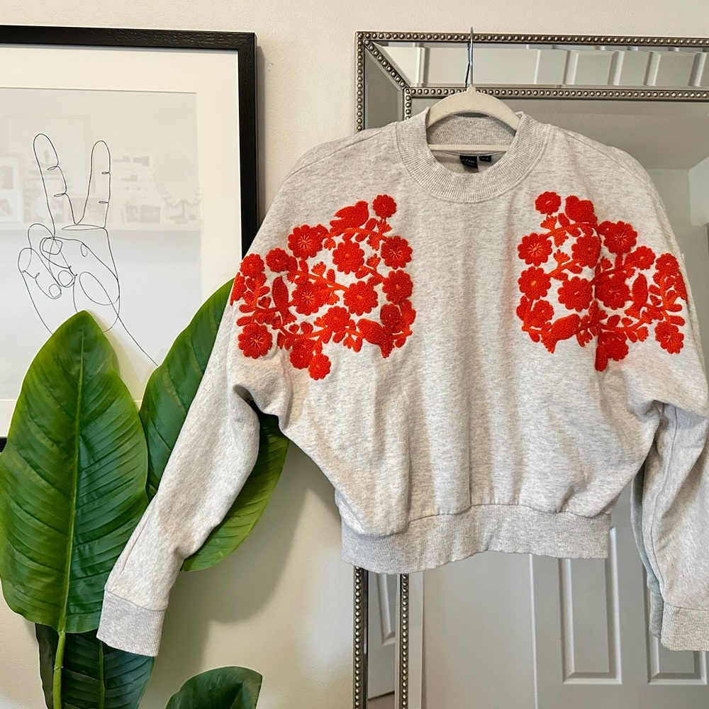 Gray Sweatshirt with Red Floral Design